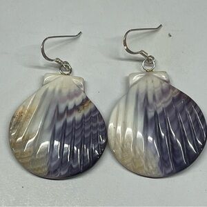 Scallop shell shape wampum quahog shell earrings sterling silver hooks